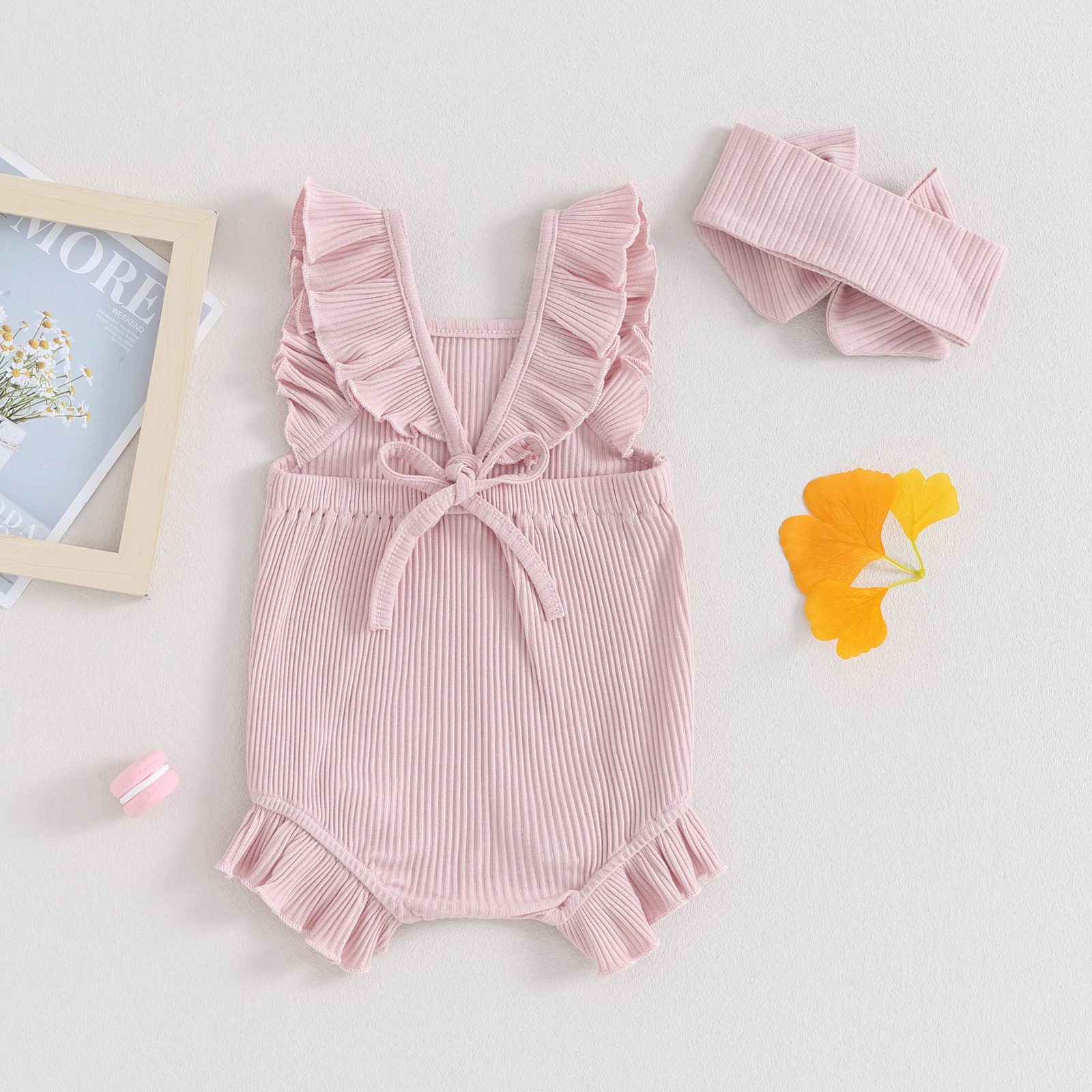 Summer Newborn Baby Girl Bodysuit Solid Color Ribbed Casual Romper Flying Sleeve Ruffle Lace Jumpsuits with Headband Outfit