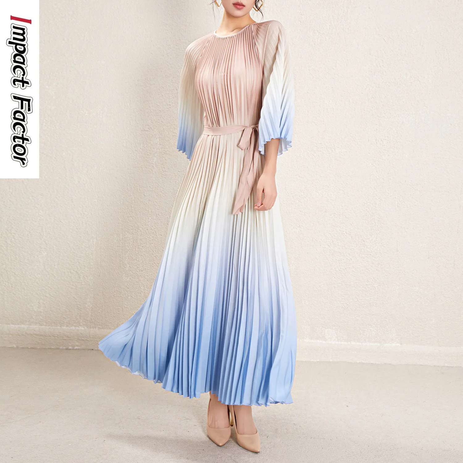 Gradient Color Women's Dress 2024 New Spring and Autumn Season Slimming and Flesh Covering Lace Up Long Dress for Women