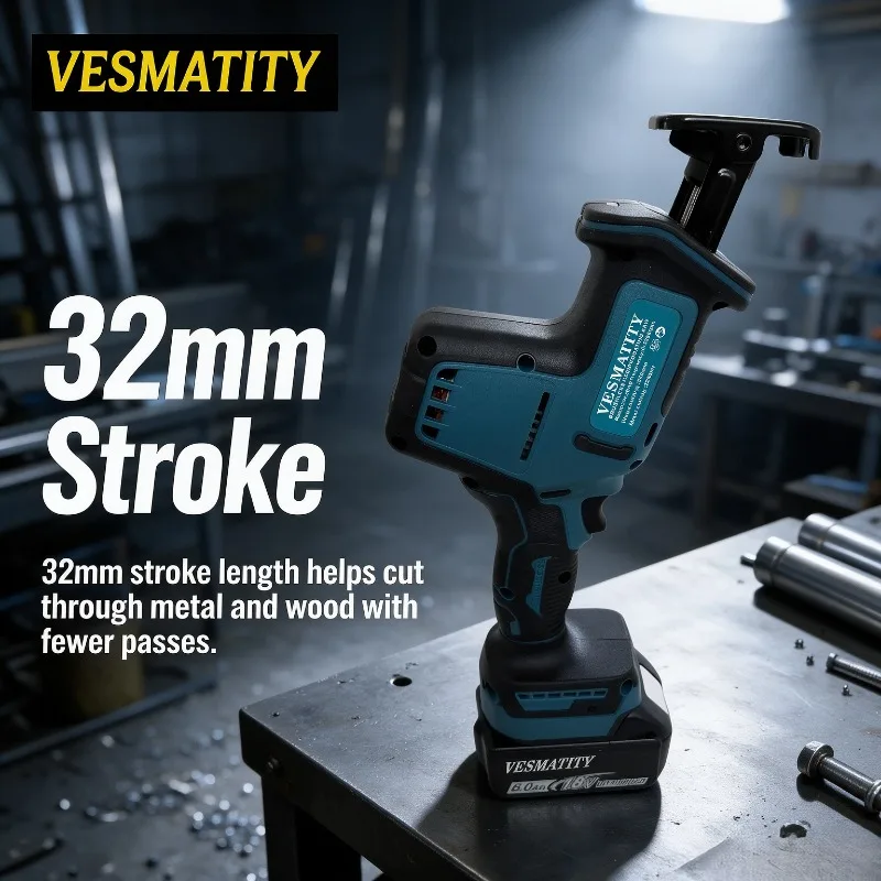 Reciprocating Saw Cordless Speed Adjustable 3000 SPM 32mm Stroke For Metal Wood Cutting Power Tool For 18V-20V Battery