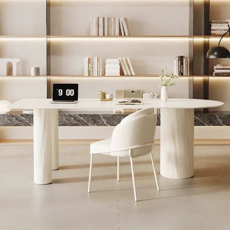 Modern Simple Rock Slab Desk Pure White Computer Table for Home Office Small Apartment Bedroom Study Furniture with Chair