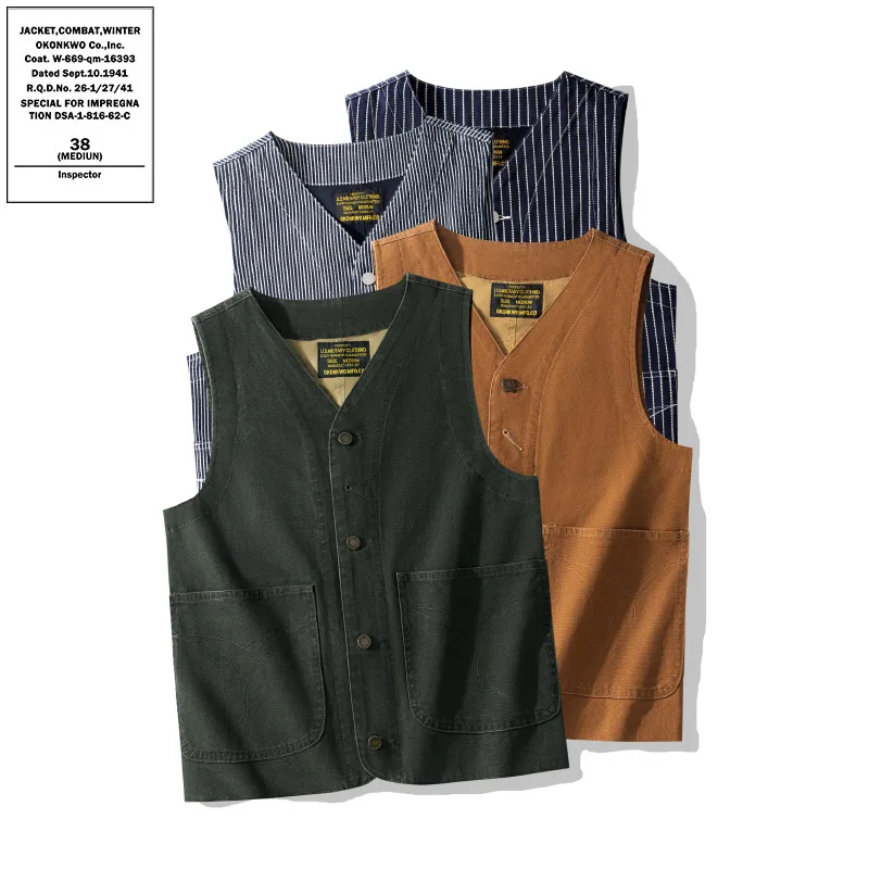 

Luxury Brand Cotton Vest Men Vintage Canvas Striped Waistcoat Classic Patch Pocket Cargo Waistcoat Design Business Casual Jacket