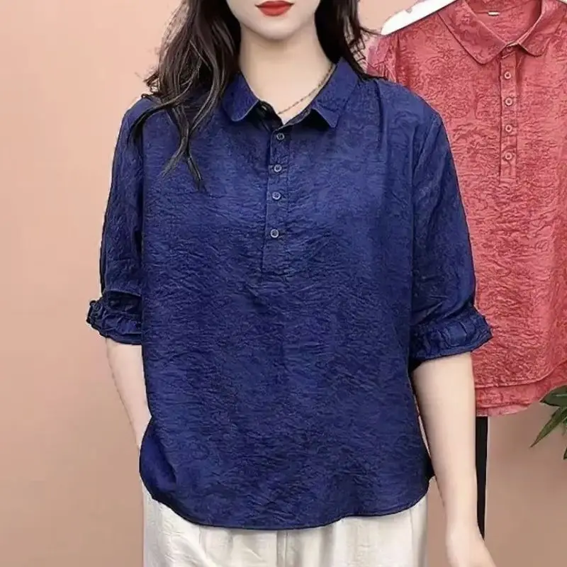 Chinese Style Summer Women Jacquard Pure Cotton Lapel Collar Shirt Vintage Middle Sleeve Thin Style Large Size Multicolor Tops