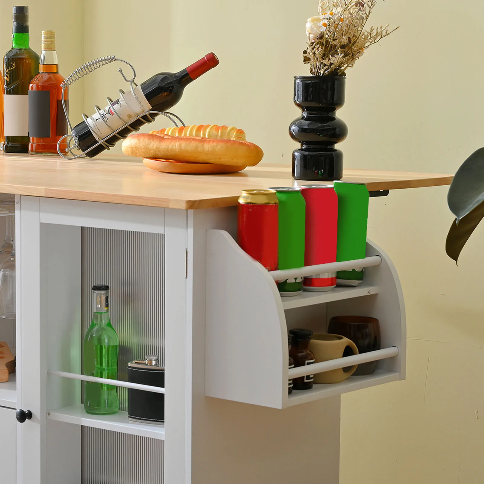 جزيرة المطبخ لطاولة الجزيرة مع طاولة دوارة على عجلات مع رف تخزين مفتوح من جانب سطح السقوط باللون الأبيض