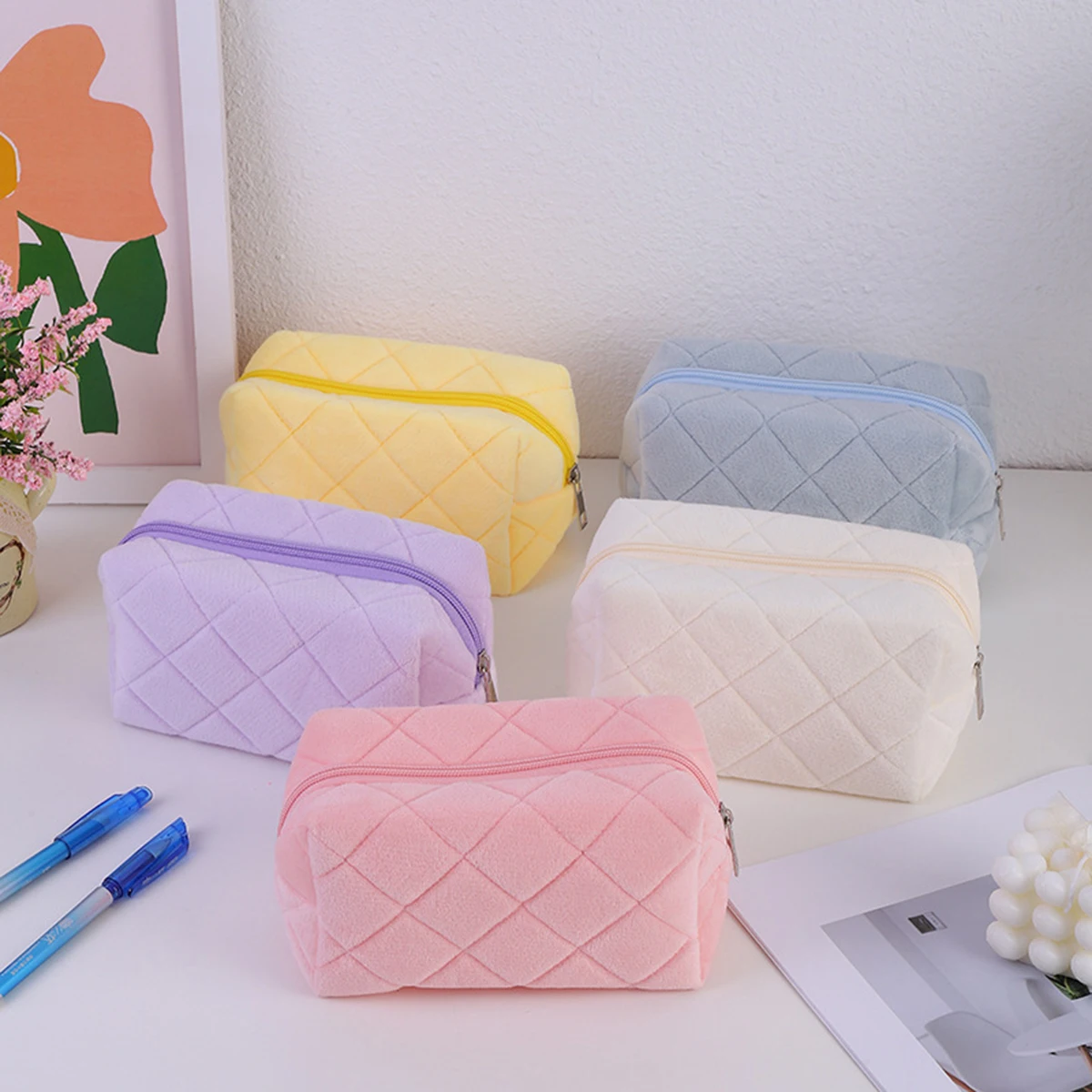 1 Piece Macaron Puffy Pencil Case Cream Aesthetic Quilted Plush Large Capacity Zipper Stationery Pouch For Teen School Office view 6