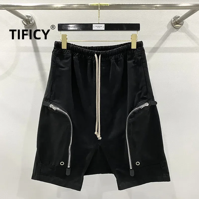 

High Quality Men's Elastic Short Zipper Large Pocket Function Motorcycle Haren Dropped 5-point Middle Pants Men's Casual Shorts