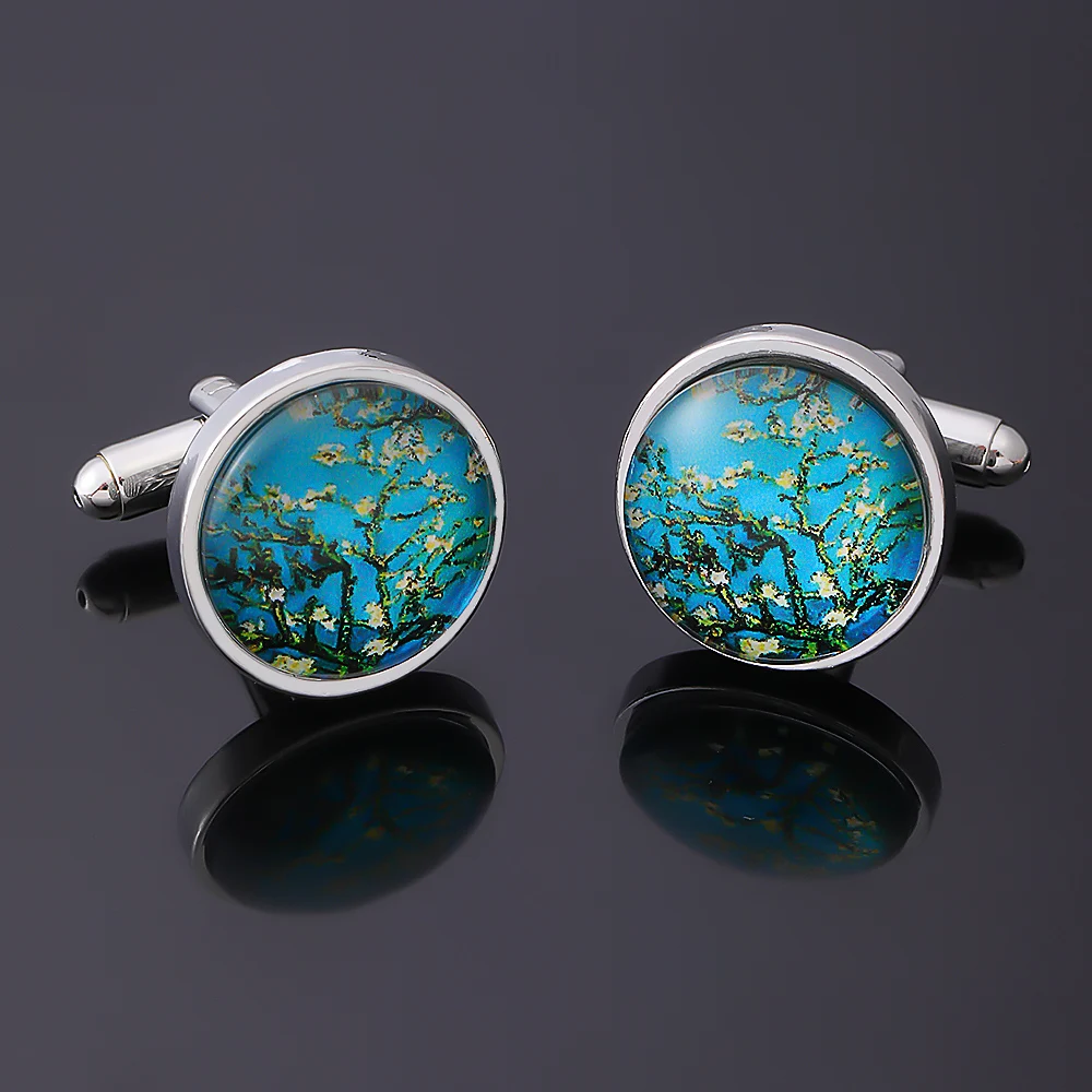New Arrival Almond Blossom Time Gem Cufflinks Funny Glass Cabochon Van Gogh Flower Oil Painting Sleeve Button