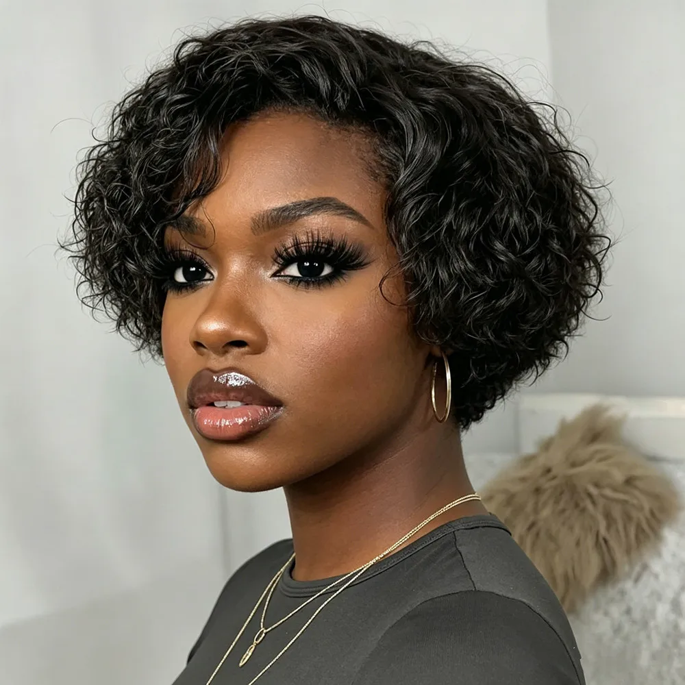 

6inch pixie natural black color 150% density daily use wig 13×1 T part lace human hair wig short curly human hair wig pixie cut
