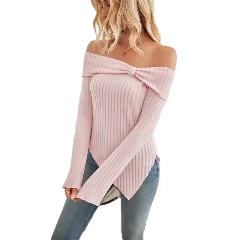 

Autumn Solid Color Pit Stripes Tops Women Off The Shoulder Long Sleeve Irregular Hem T-Shirt Fashion Female Casual Commuter Tees