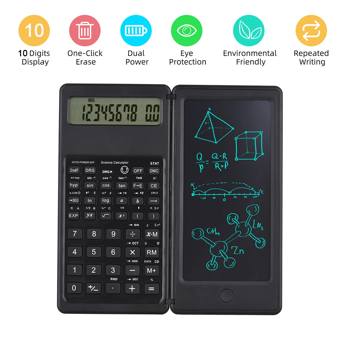 2-IN-1 Foldable Scientific Calculator 10 Digital LCD Screen Writing Tablet Foldable Drawing Pad With Stylus Pen For Student