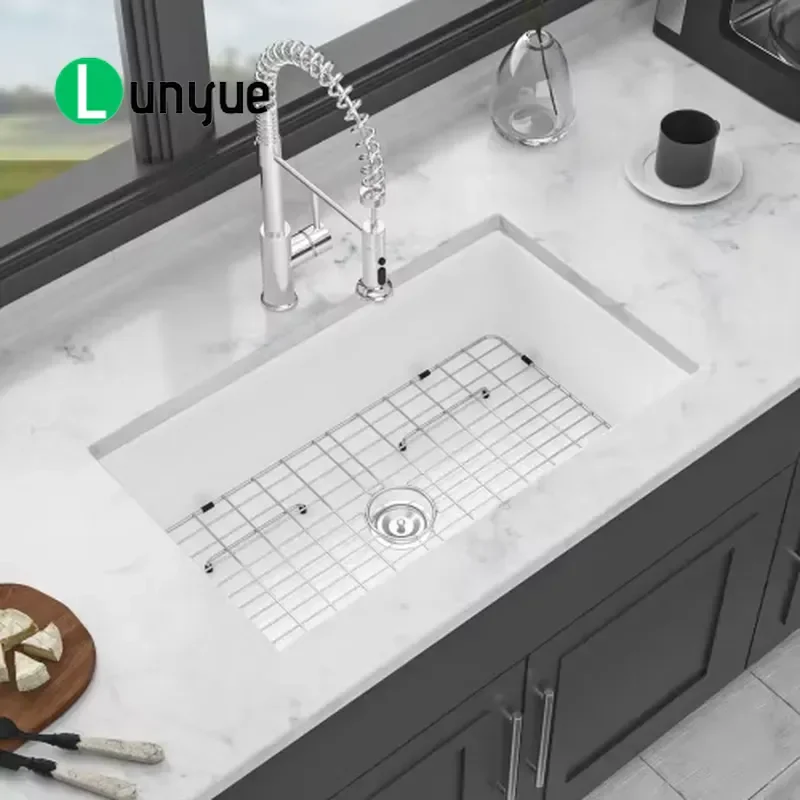 32x19 Inch American Style Ceramic Kitchen Sink Single Bowl with Drain Board Large Deep Undermount for Modern Home Durable