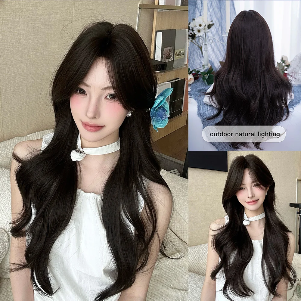 28Inch Dark Brown Color Lady Style Synthetic Wigs Middle Part Long Wavy Hair for Women Daily Use Cosplay Party Heat Resistant