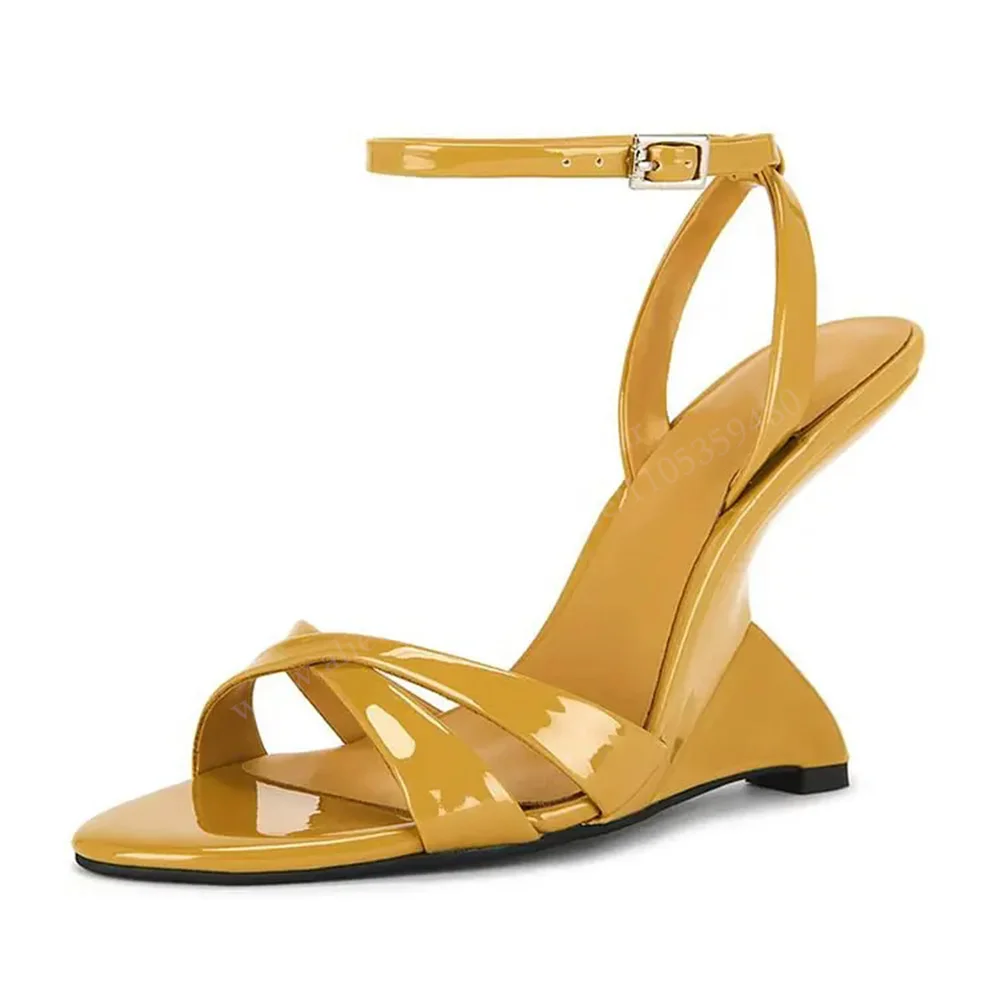 Candy Color Wedge Heel Chic Sandals Women Round Toe Strange Heel Cross Strap Slingback Buckle Strap Elegant Party Dress Shoes