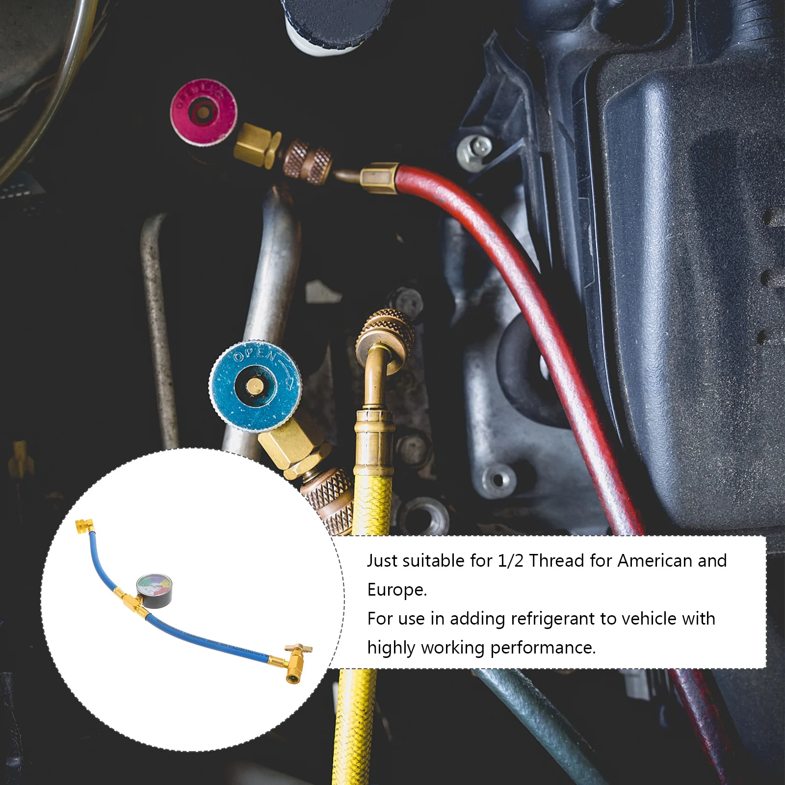 

Car Air Conditioning Refrigerant Charging Hose 1/2 Thread With Gauge For Ac Recharge Tool Durable Fit American European