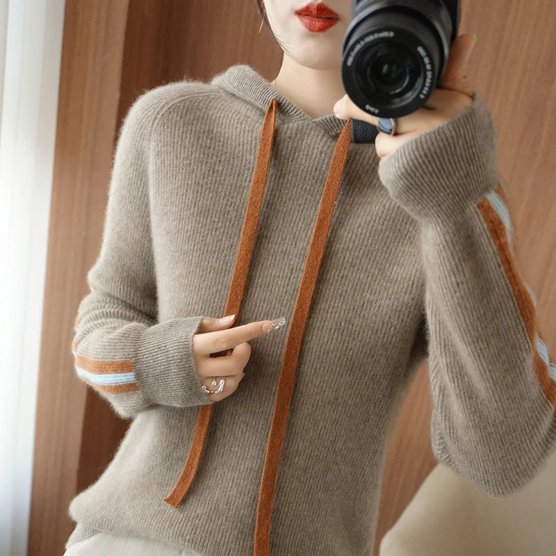 2022 Spring Winter 100% Pure Wool Sweater Women Knitted Hooded Pullovers Loose Lady\'s Grade Up Jumper Long Sleeve Soft Warm Tops