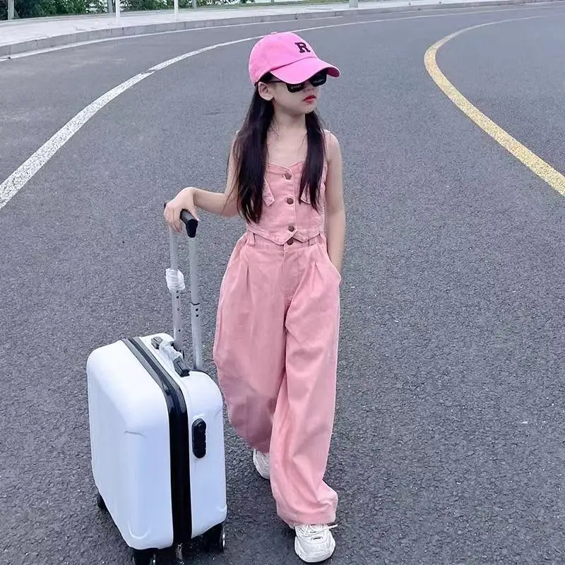 

Korean Version Children's Clothing Girls' Denim Suit Summer Wear Junior Girls Camisole Vest Loose Straight Leg Pants 2-Piece Set