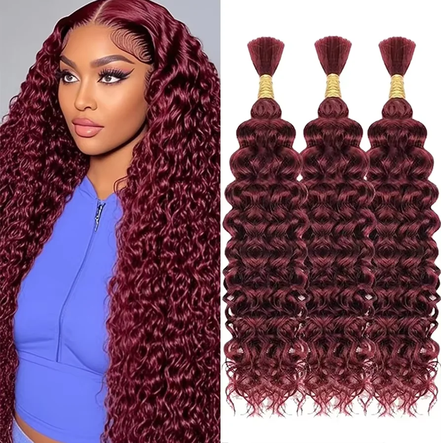 For Boho Braids 18 20 Inch 99J Burgundy Human Hair Deep Wave Human Braiding Hair 2 3 4 PCS Colored Bulk For Braiding No Weft Curly Human Hair Extensions