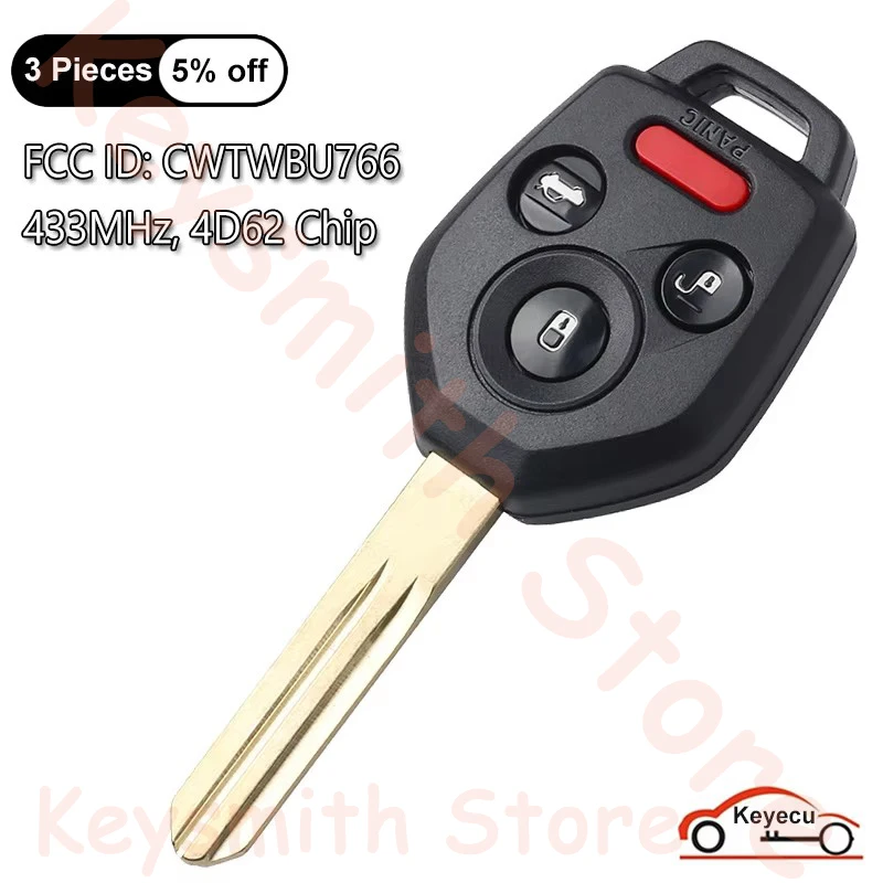 KEYECU 4 Buttons 433MHz 4D62 Chip for Subaru Legacy Outback Tribeca 2008 2009 2010 Auto Remote Key Fob FCC# CWTWBU766 With Code