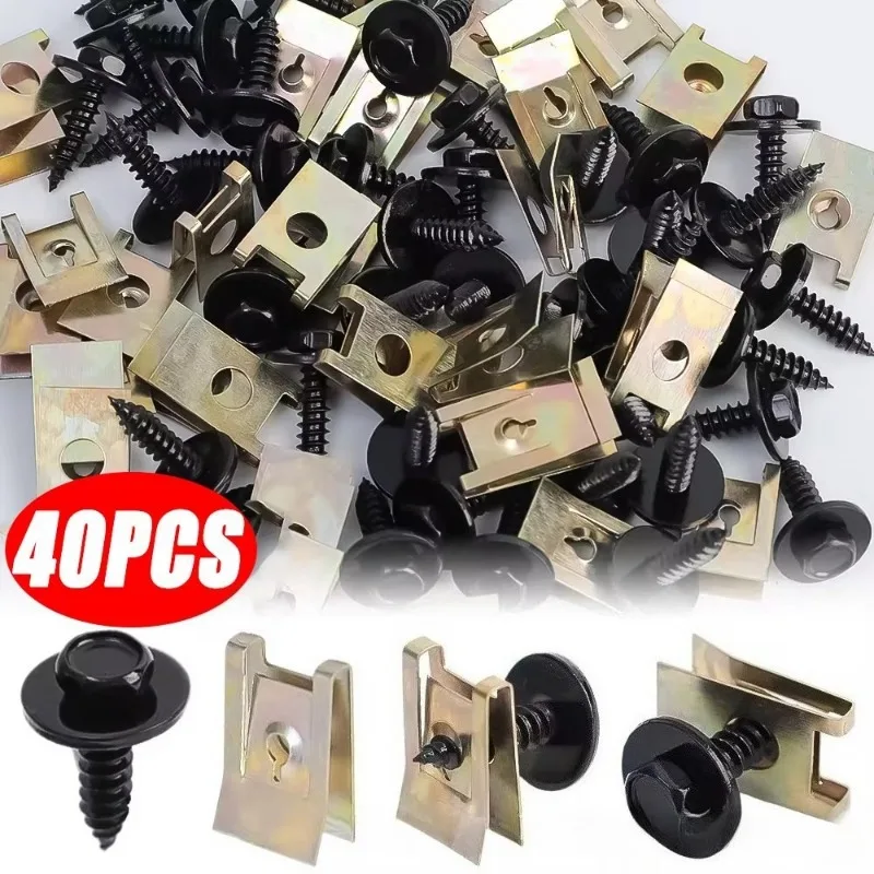 40pcs Mixed Car Metal Screw Tapping Fastener Clip U-Type Clip with Screw Anti-rust Protection Clip Screw Buckle Iron Sheet
