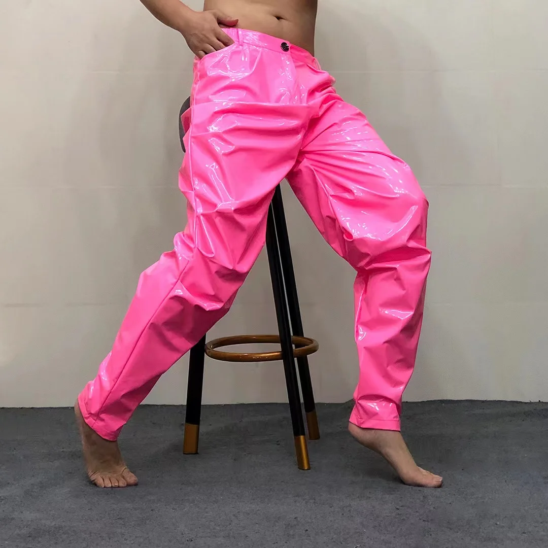 New mirror leather pants loose wrinkled radish pants large size nightclub dance performance clothing men's fashion