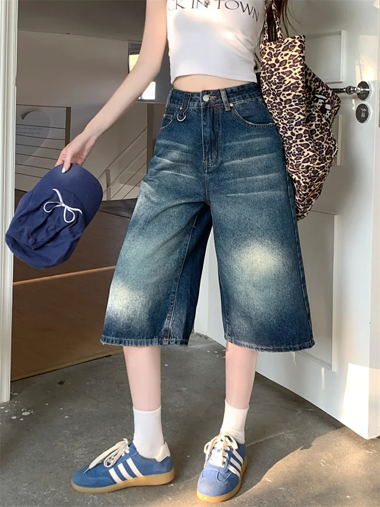 

Retro American Large Size Loose Washed Denim Shorts Women's Spring Wide Leg Mid-Pants Design Sensation Seven-Foot Jeans