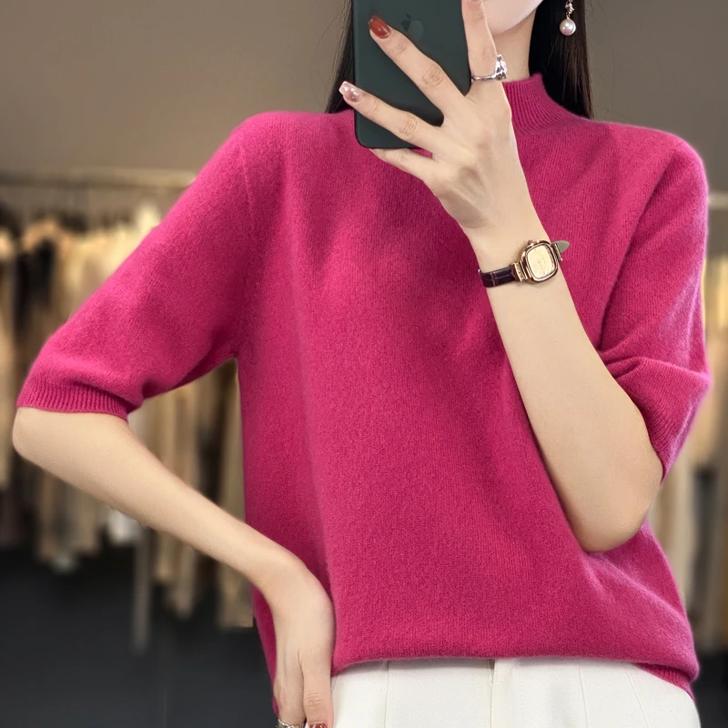 100% pure wool short sleeve summer new women\'s semi-high neck pullover blouse loose knit vest fashion T-shirt