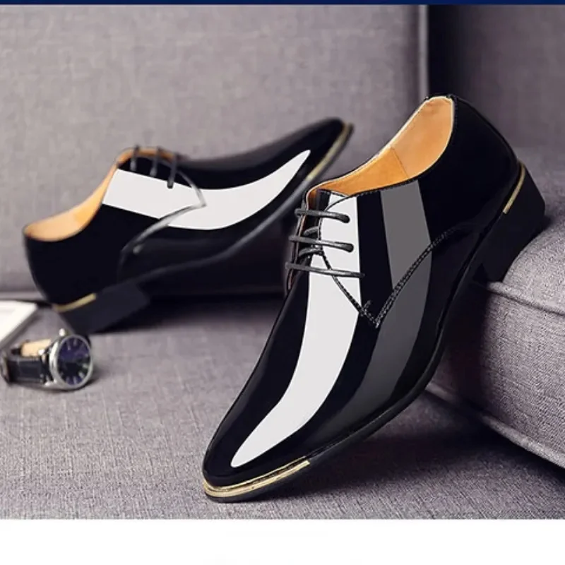 

Balck Patent Leather Lace Up Men Shoes Men's Dress Shoes Shallow Pumps High Quality Party Shoes Big Size 47 Zapatillas Mujer