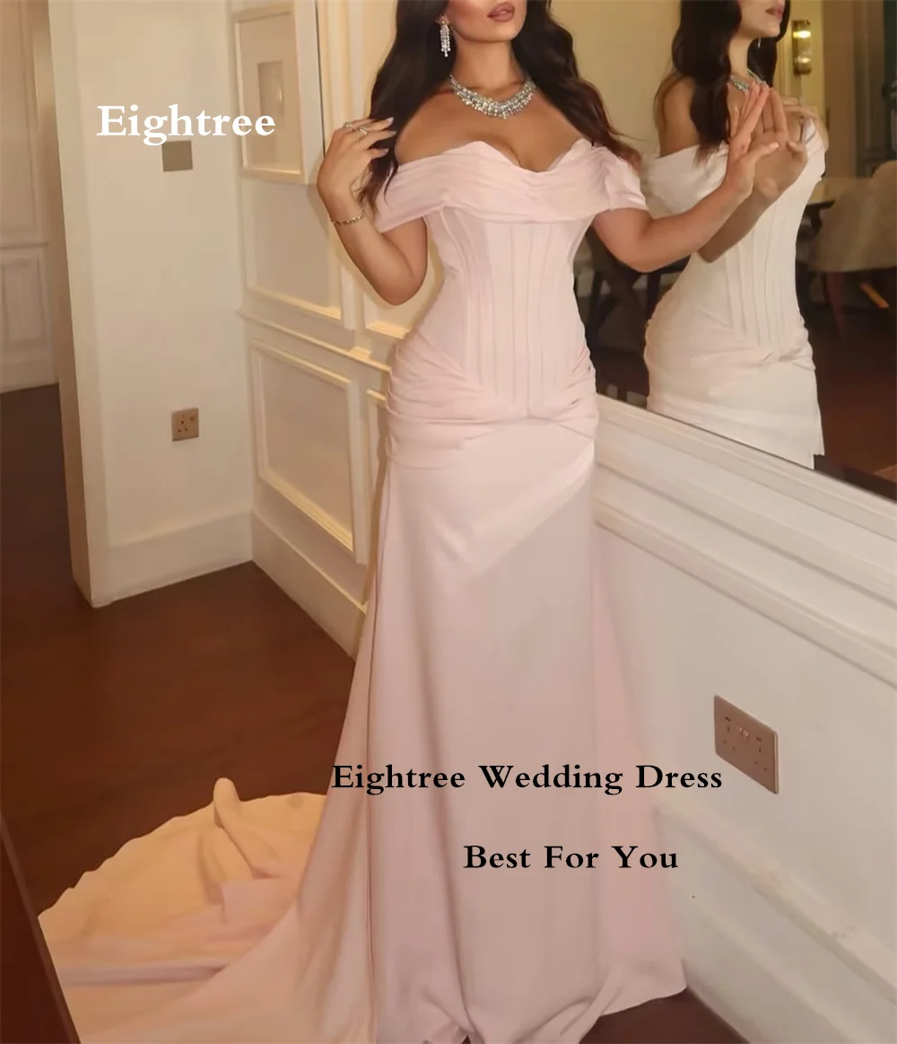 Eightree Pink Mermaid Prom Dresses Off‑the‑Shoulder Short Sleeve Evening Dress Corset Twist Knot Train Party Gowns Customizd