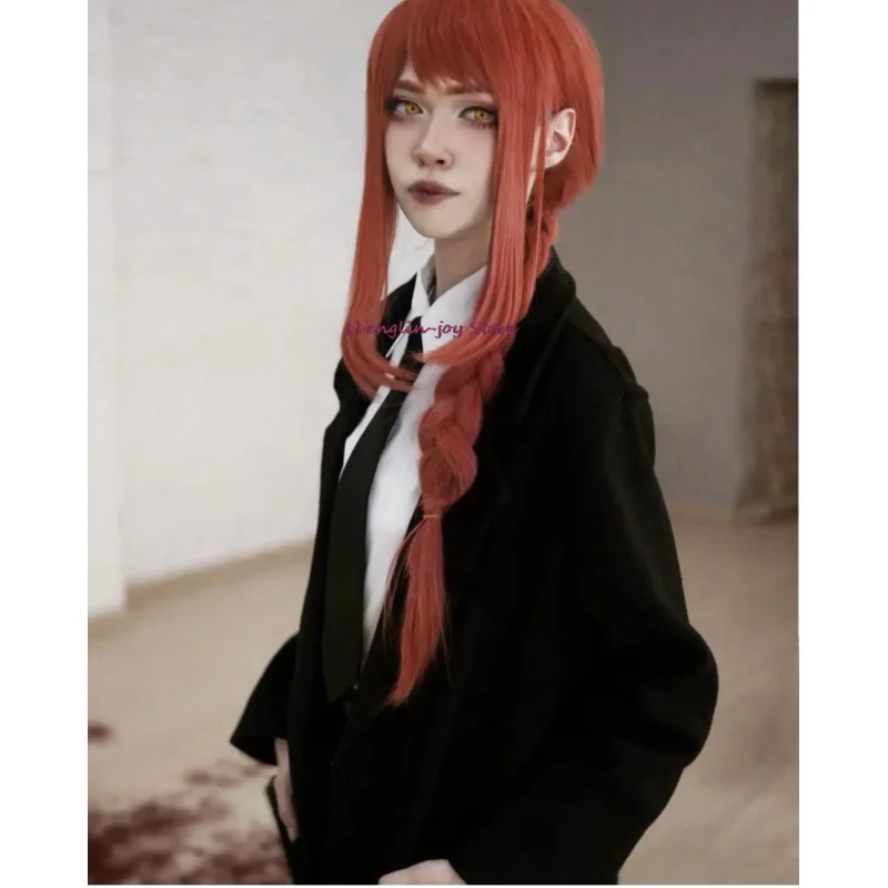 Anime Chainsaw Man Makima Cosplay Costume Black Trench Shirt Tie Pants Makima Wig Long Light Red Braid Men Women Suit Uniform