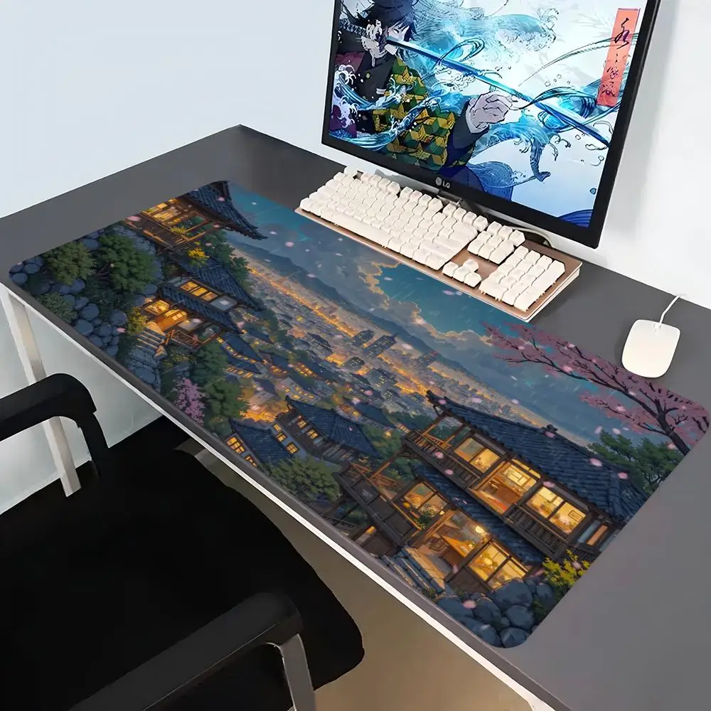 Large Gaming Mouse Pad Anime Night City Sakura Desk Mat Non-slip Rubber Extended Keyboard Pad For Gamer Office Computer Laptop