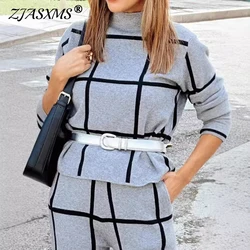 Fashion Plaid Print Autumn Clothing Women Elegant Turtleneck Pullover Top And Lace-up Pants Sets New Winter Straight Suit Outfit