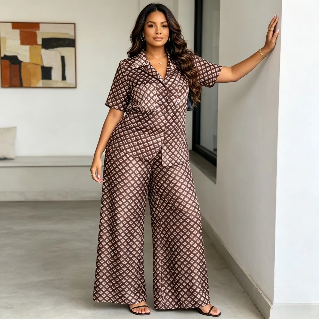 

Pant Set Women Two Piece Sets Turn Down Collar Short Sleeve Shirt Tops Print Wide Leg Long Pants High Waist Y2k Streetwear 2026