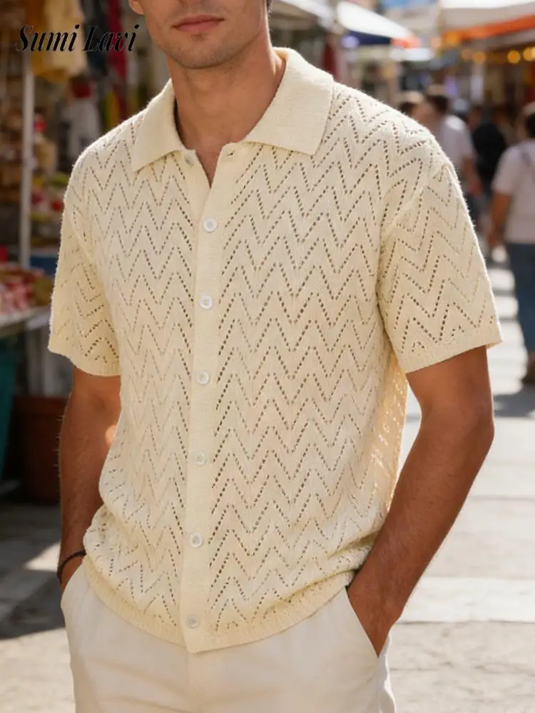 

Daily Casual Mens Hollow Out Knit Shirt Tops 2026 Summer Stylish Pure Color Knitted Men Shirts Spring Stylish Short Sleeve Shirt