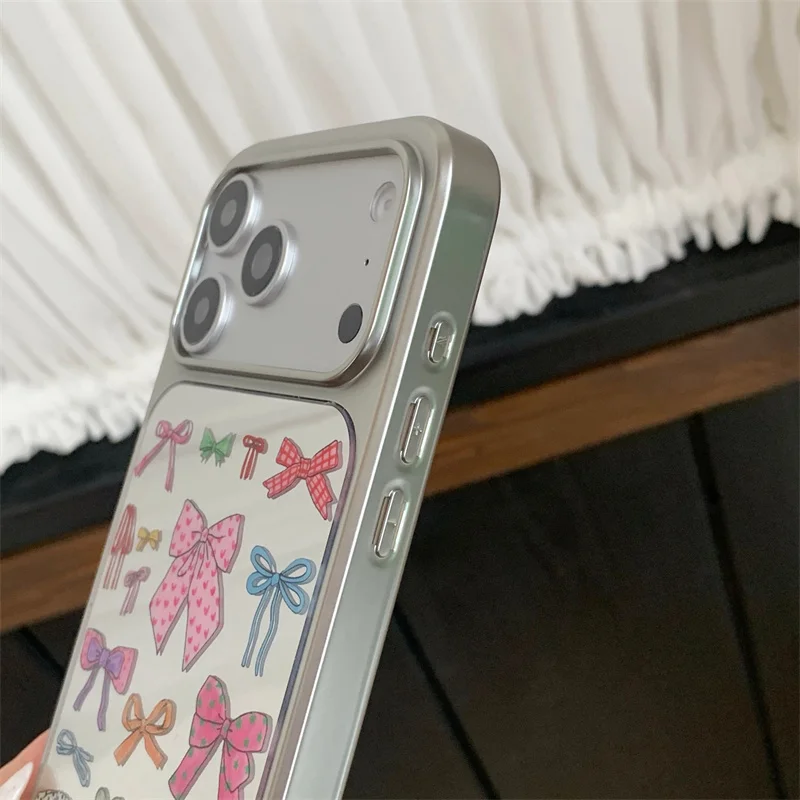 Korean Color Cute Bow Mirror Phone Case For iPhone 17 Pro 16 15 14 Pro Max Cover with Plush Hand Rope Kawaii Cases 17 Promax 16