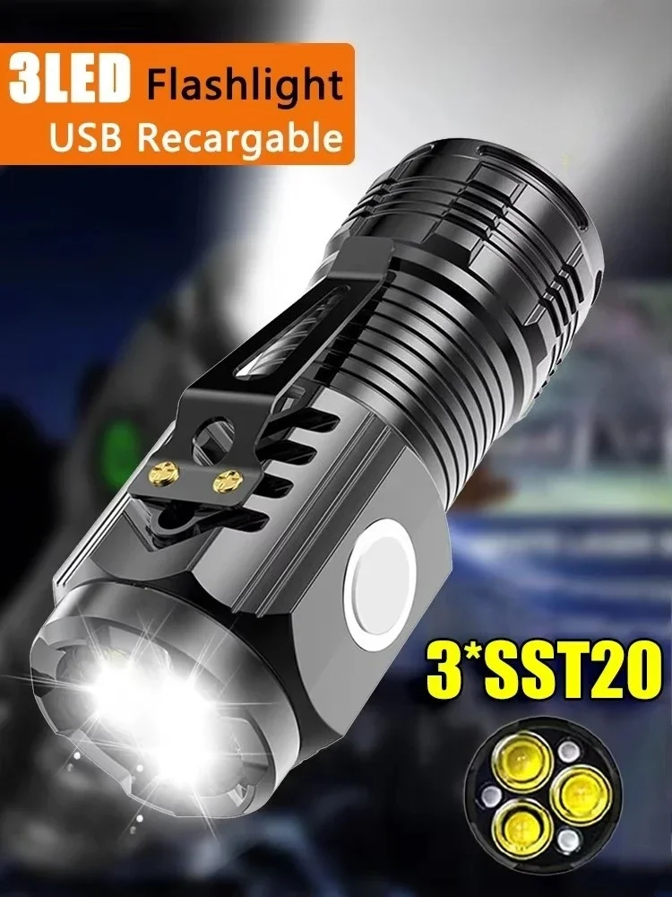 Mini lampe de poche à 3 LED avec pince à stylo, marche nocturne, luminosité Portable, projecteur d'urgence étanche Rechargeable, torche extérieure