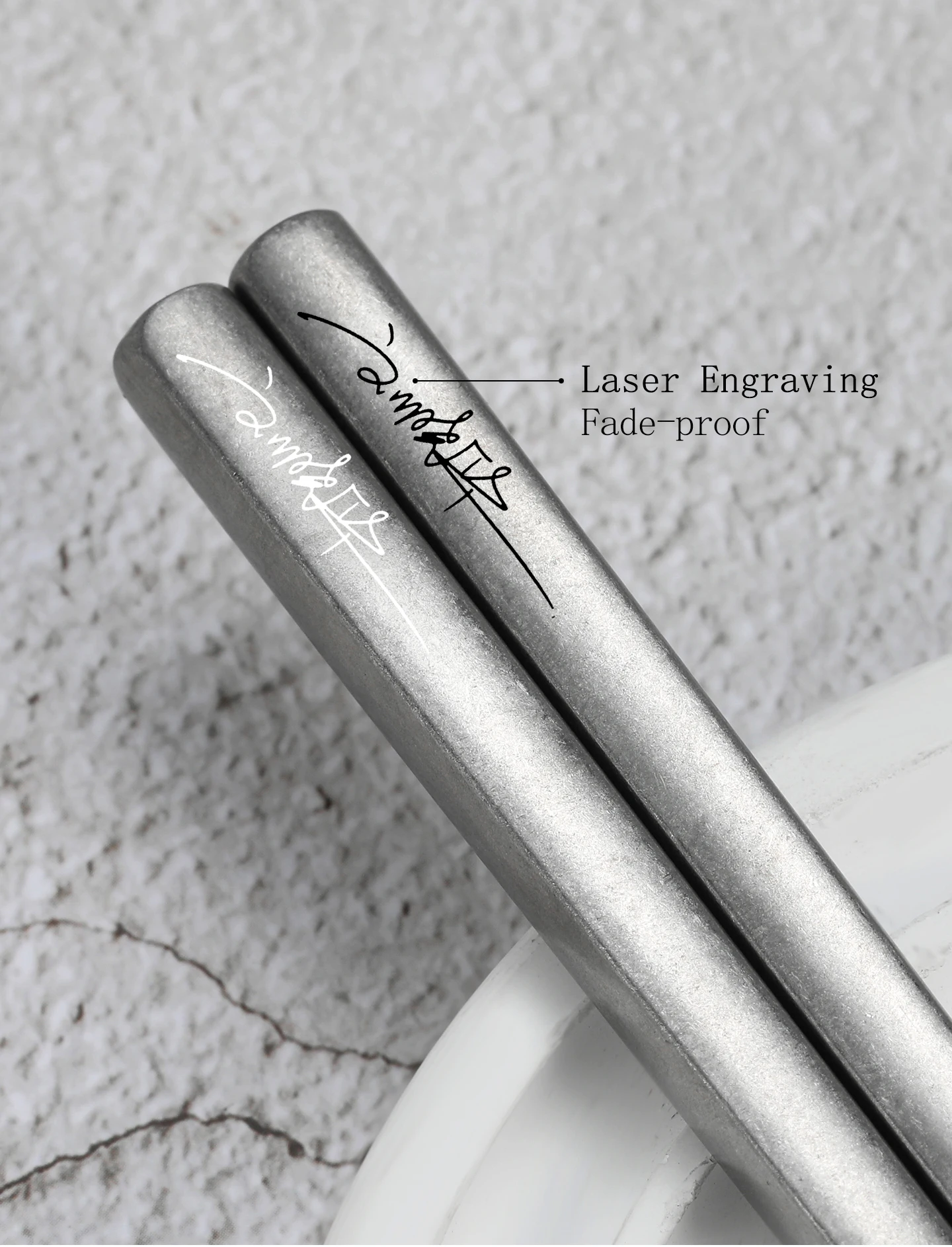 Lebensmittelechte 304 Edelstahl-Essstäbchen mit individuellem LOGO, Lasergraviertem Namen, Unterschrift oder Text, Vintage Antik-Silber Tischbesteck Geschenk – Detail 7