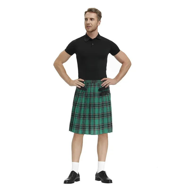 Mens Scottish Traditional Highland Tartan Kilt Stage Performance Skirt Cosplay Halloween Carnival Fancy Party Dress