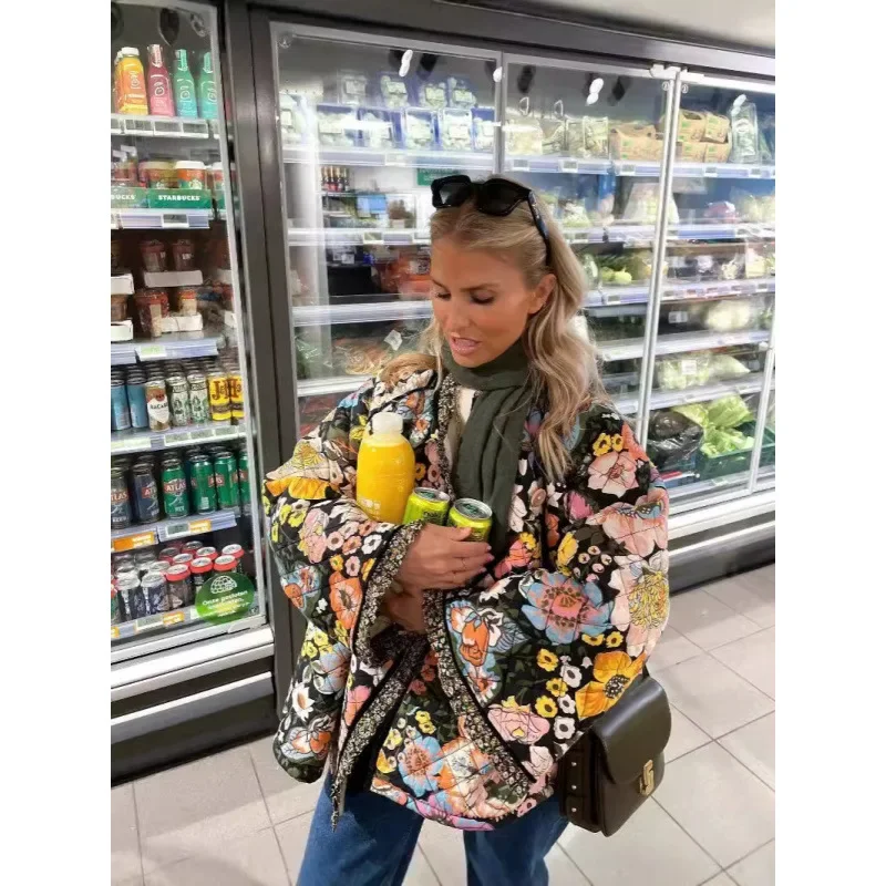 Vintage Floral Printed Cotton Coat Women Fleece Thick Warm Long Sleeve Loose Round Neck Single Breasted Quilted Jacket Women's