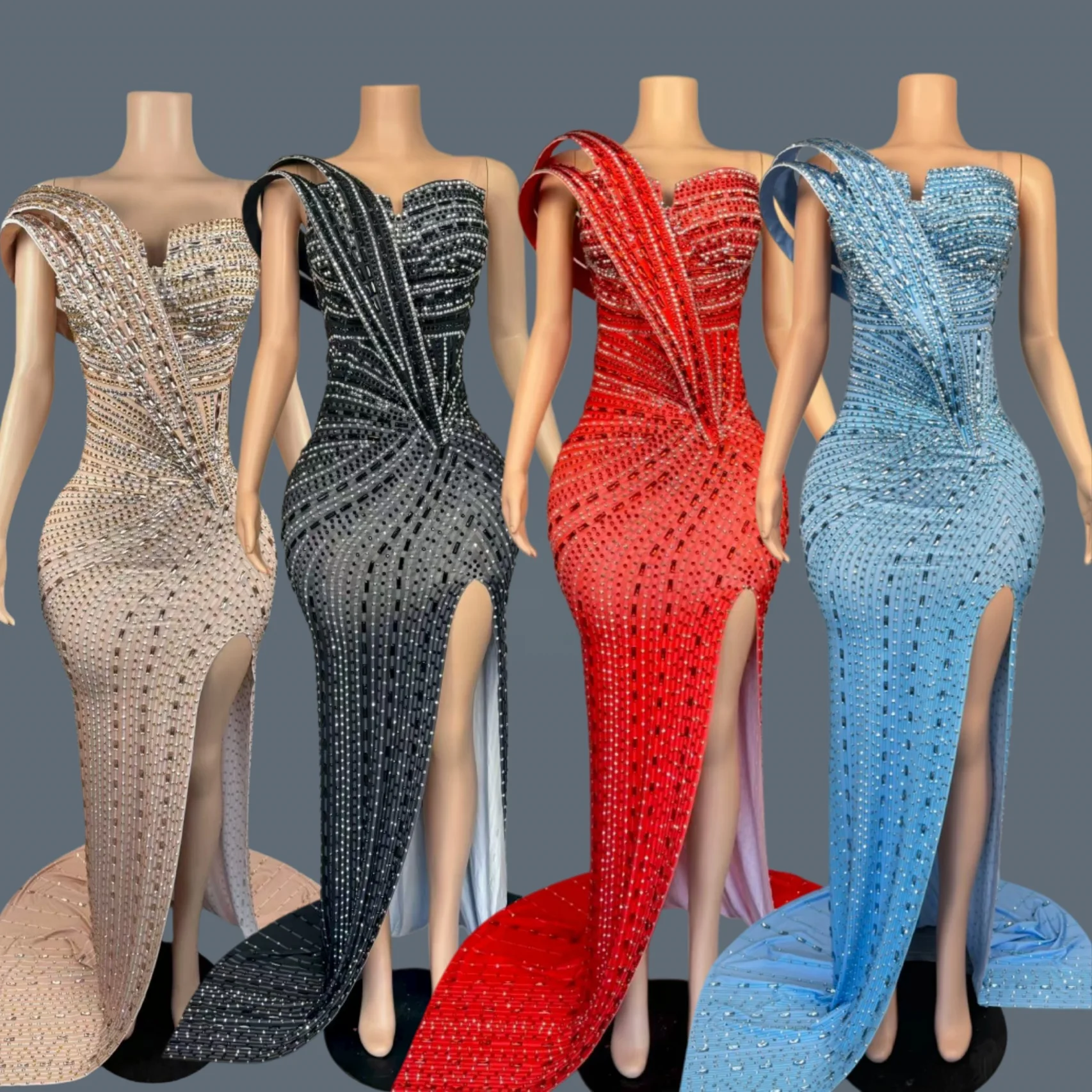 Abito da sera con strass scintillanti con strass di lusso Celebrare il ballo di fine anno Abito lungo senza spalline Abito da trascinamento Servizio fotografico Xiangbin