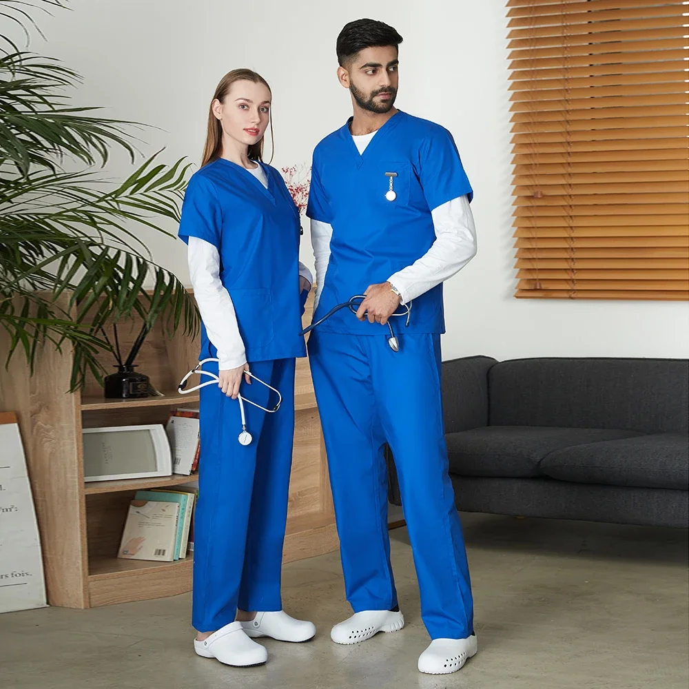 남성용 단색 의료 유니폼 세트, 도매 병원 의사 작업복, V넥 패션 스크럽, 약국 간호사 의류