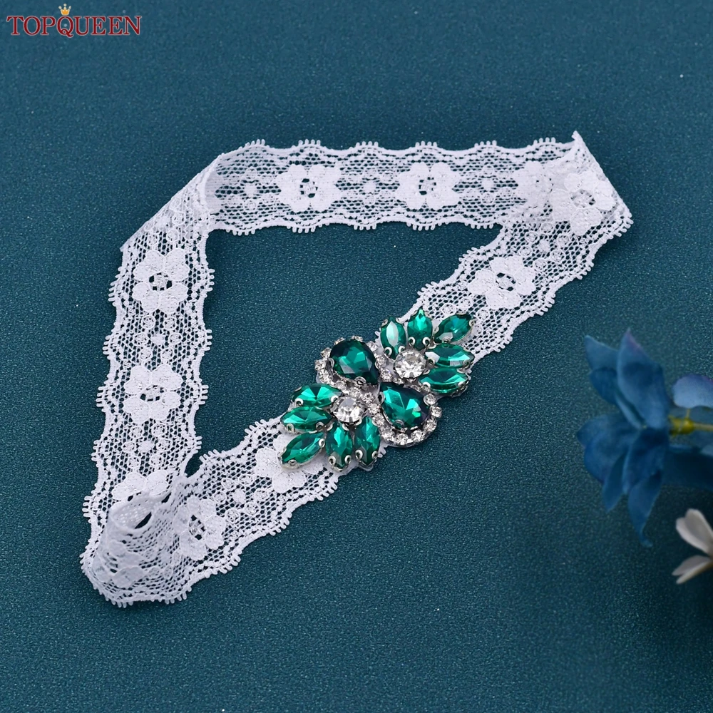 TOPQUEEN-ligas sexys para el muslo, traje de encaje con diamantes de imitación verdes, ligueros para piernas, cinta de boda, liga, porte, jartelle,