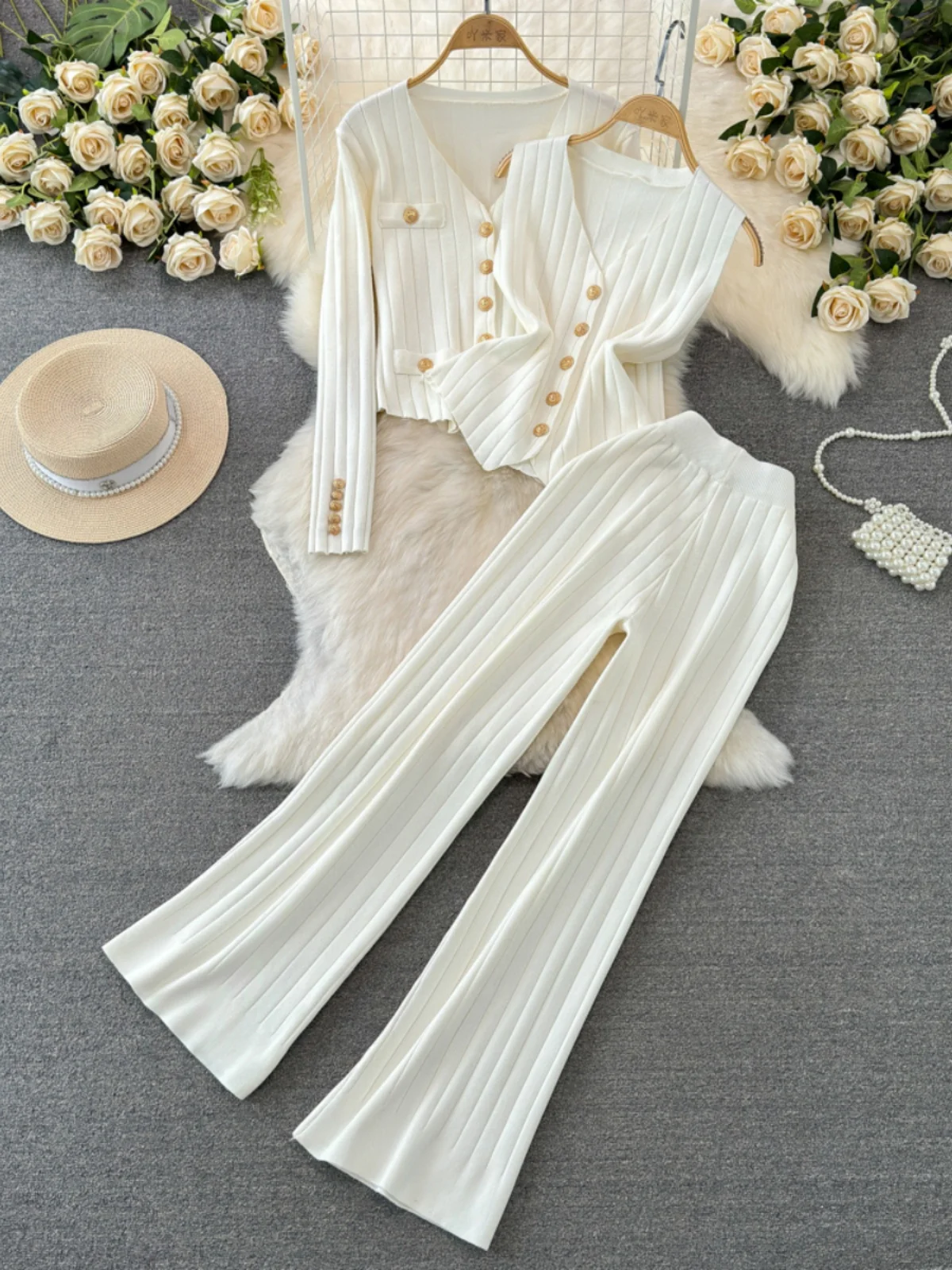 Fashion Knitted Three Pieces Sets Single Breasted Cardigan+Tank Top+High Waist Wide Leg Long Pants 2024 New Solid Sweater Suits