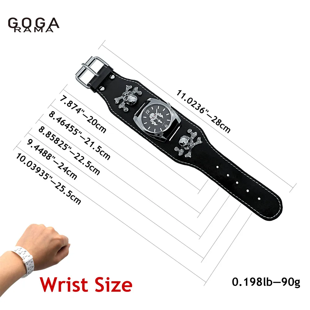 GOGARAMA-Relógio de Pulso Punk Masculino e Feminino, Pulseira de Couro Preto, Caveira 3D, Relógios de Quartzo, Aniversário, Natal, Halloween, Bons Presentes