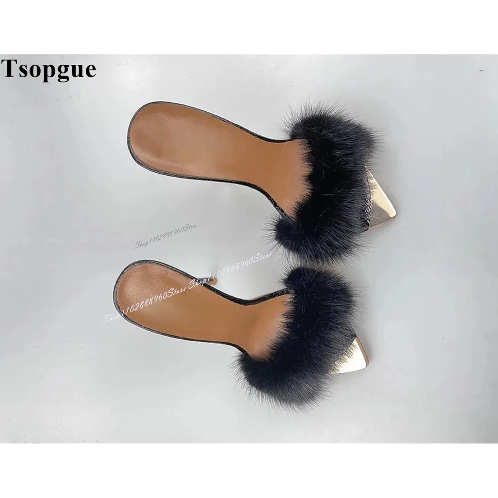 Sexy Black Fur Decor Graceful Slippers Cut Heel Thin High Heel Women Shoes Slip On Peep Toe 2024 Fashionable Zapatos Para Mujere