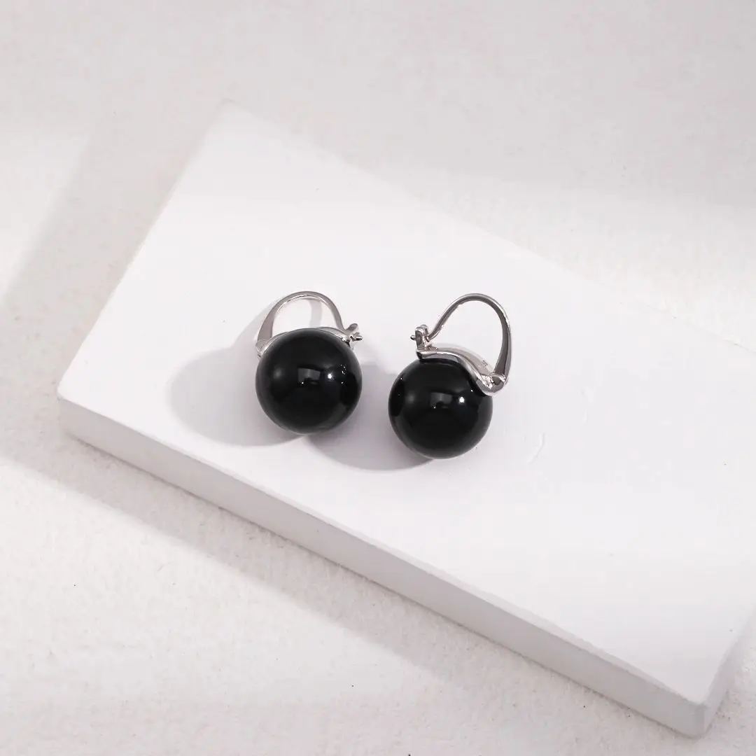 VOBIPY 925 Sterling Silver Earring Black Color Pearl Earring For Women Girl Wedding Party Gift Fashion Jewelry 14mm Shell Pearls