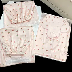 Women Pajamas Set Spring Summer 3 Piece FloralPyjama Faux Silk Satin Sleepwear Short Sleeve Shorts Pants Pijama Mujer Homewear