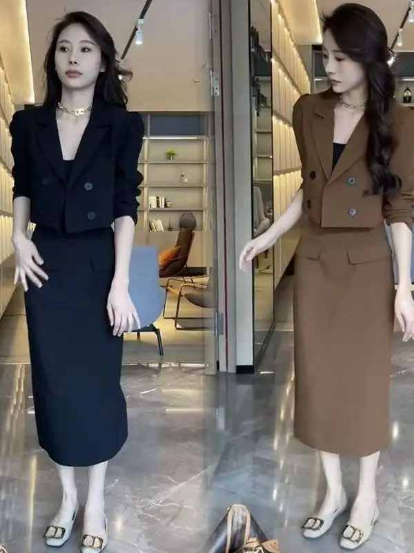 

High Waist Slim Fit Double Breasted Top And Skirt Set Korean Style Commute Loose Fit Long Sleeve Polyester Fiber Fashion Set