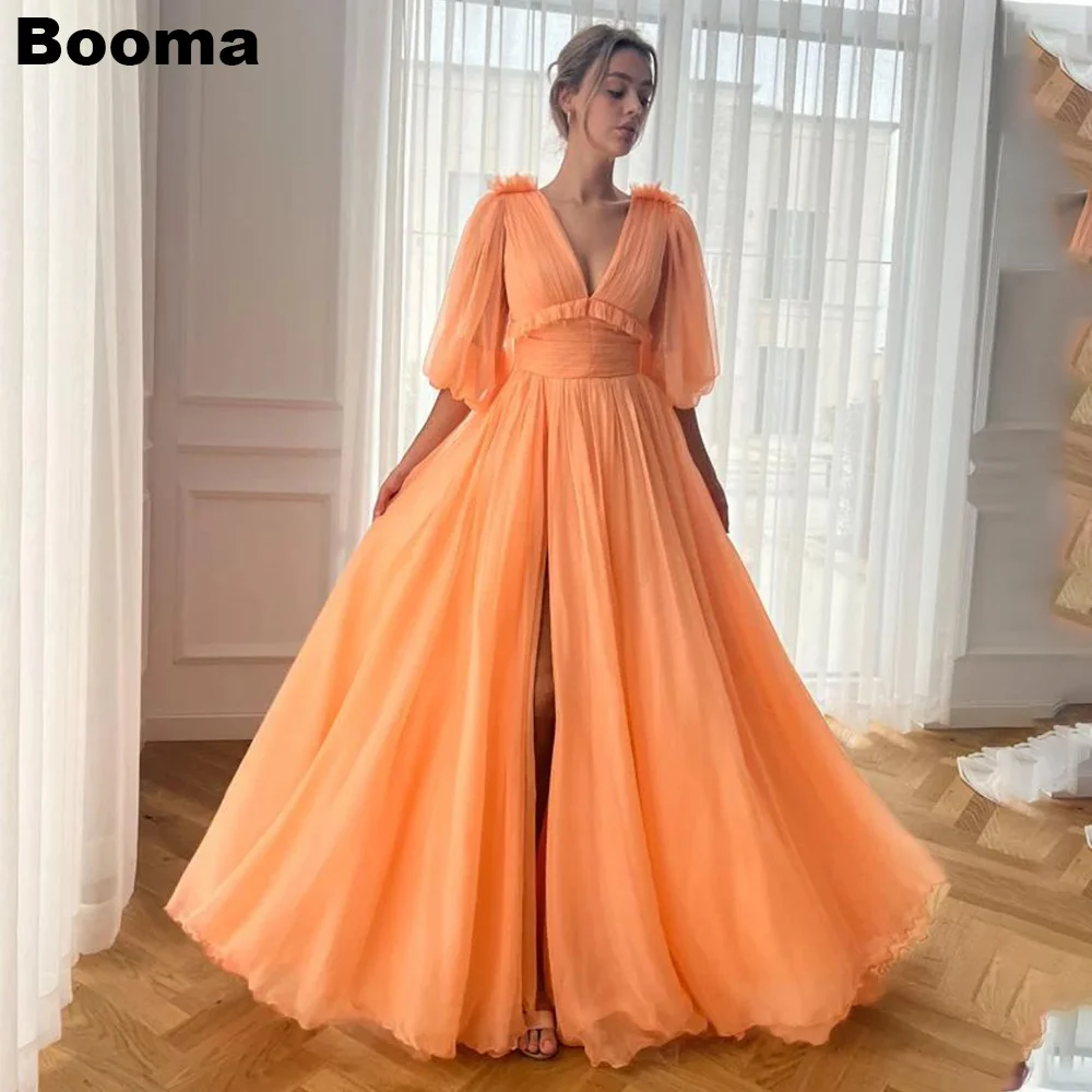 

Booma Orange Chiffon Long Evening Dresses Deep V Neck Half Sleeves Party Prom Gowns Ruched Leg Slit Women's Formal Dress