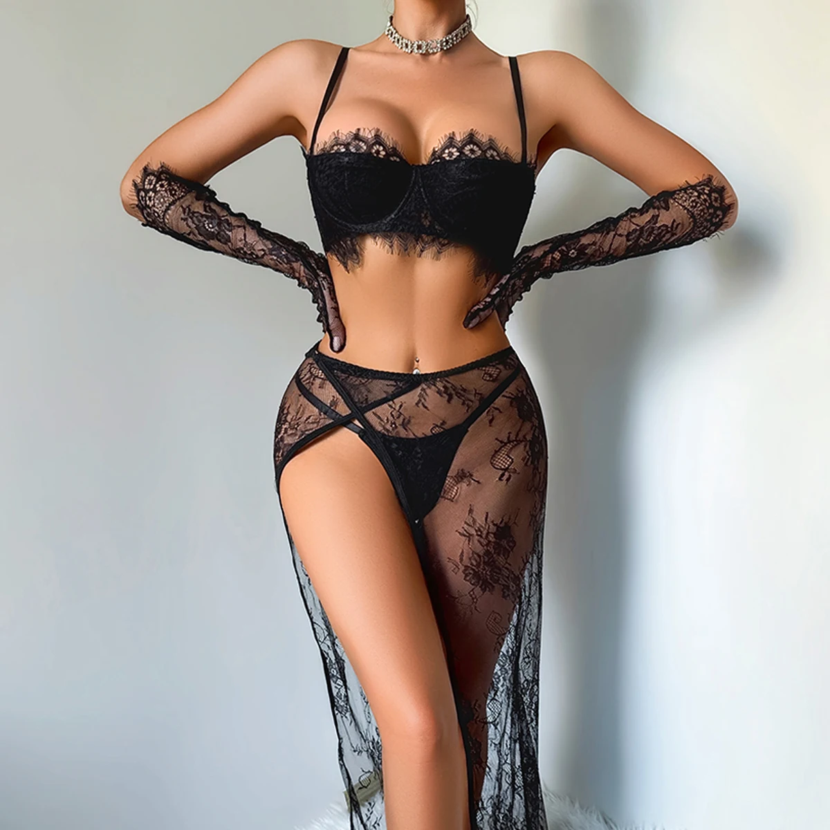 Sexy Women's Perspective Floral Lace Pure Desire High Slit Long Skirt Shaping Sexy Lingerie Split Four Piece Set