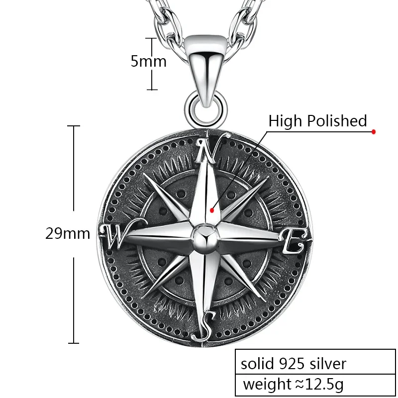 ZABRA Gothic Authentic 925 Sterling Silver Round Compass Pendant For Men Vintage Punk Rock  High Polished Thai Silver Jewelry