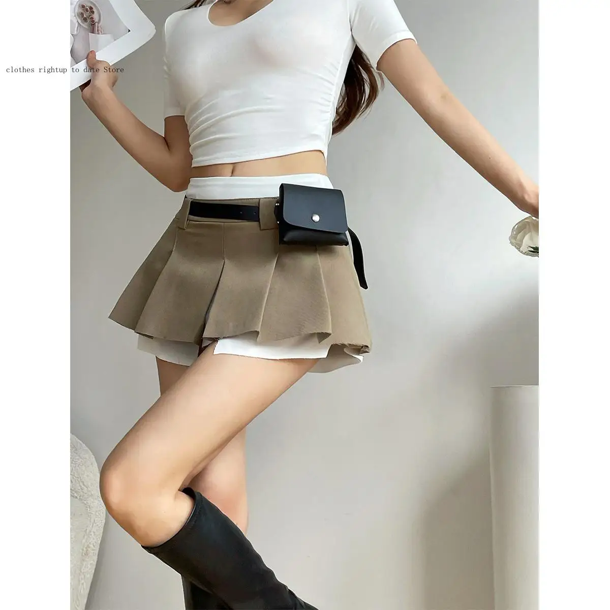 Pleated Skirt Women's Design Half Skirt Japanese American Spicy Girls Preppy Style Waistpack Fake Two Piece